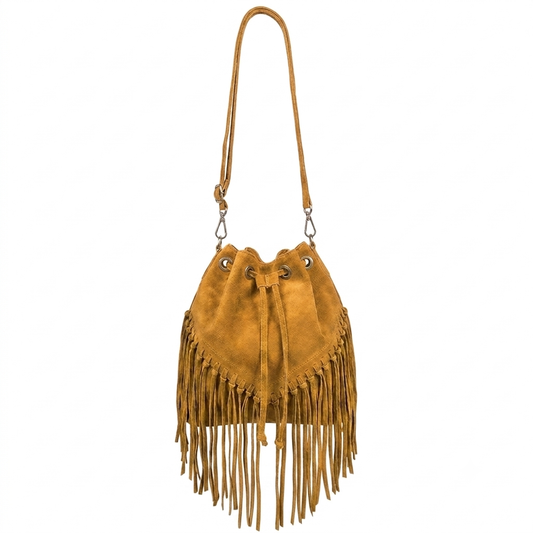 Sac bourse à franges Mahala en cuir suédé ~ Camel