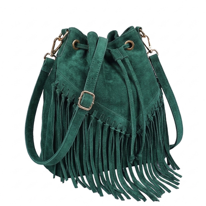 Sac bourse à franges Mahala en cuir suédé ~ Vert pétrole