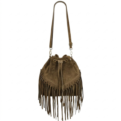 Sac bourse à franges Mahala en cuir suédé ~ Taupe foncé