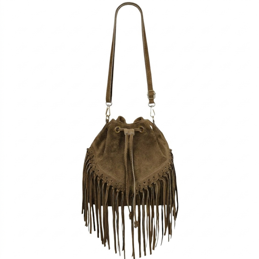 Sac bourse à franges Mahala en cuir suédé ~ Taupe foncé