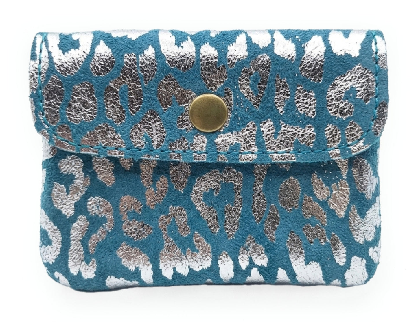 Porte-monnaie Aponi léopard en cuir suédé italien ~ Bleu ciel / Argenté