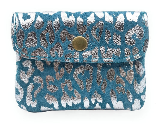 Porte-monnaie Aponi léopard en cuir suédé italien ~ Bleu ciel / Argenté