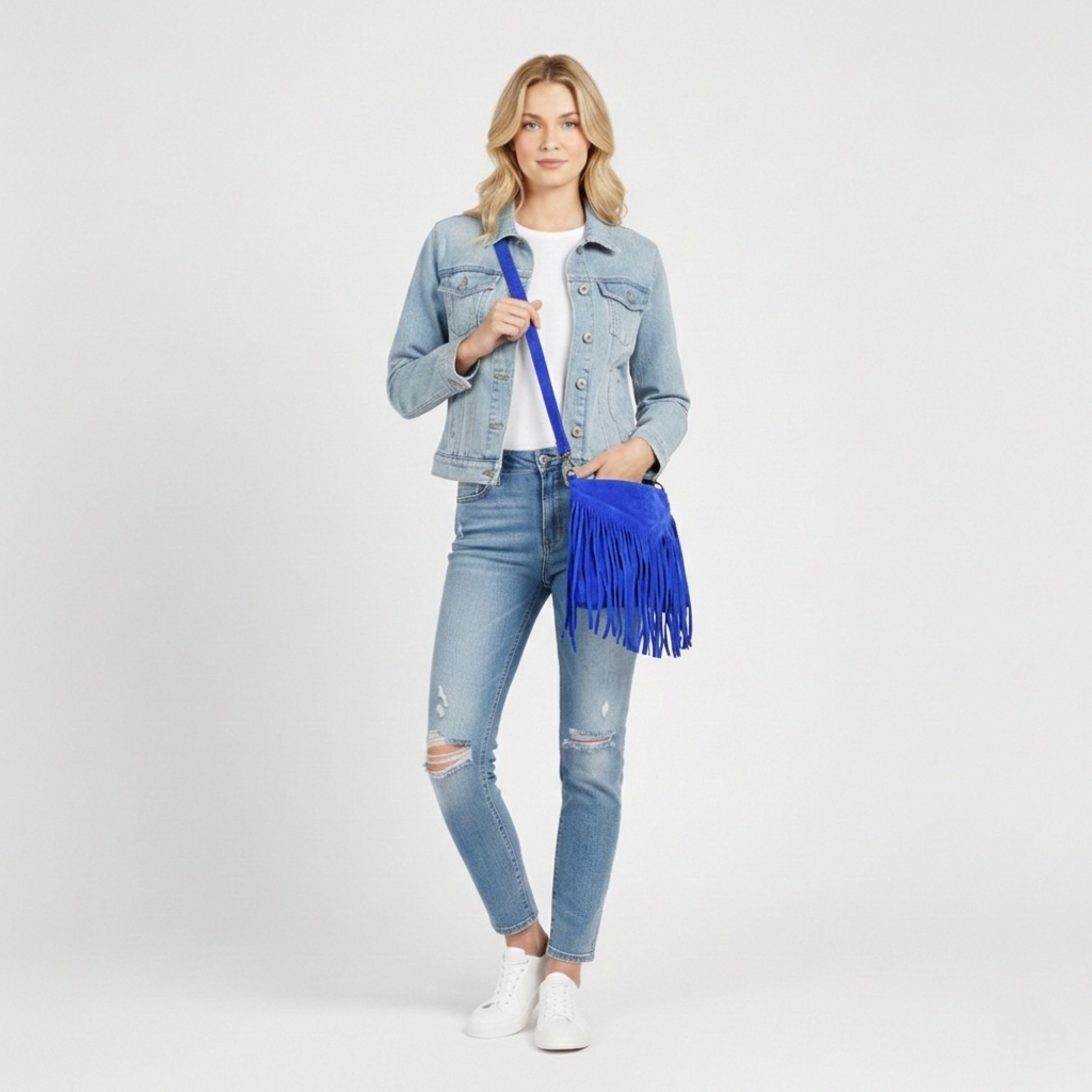 Sac à bandoulière en cuir suèdé à franges Chenoa ~ Bleu royale