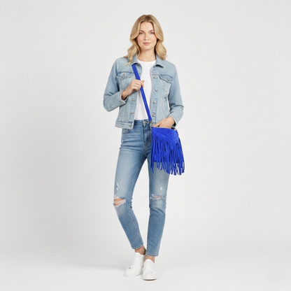 Sac à bandoulière en cuir suèdé à franges Chenoa ~ Bleu royale