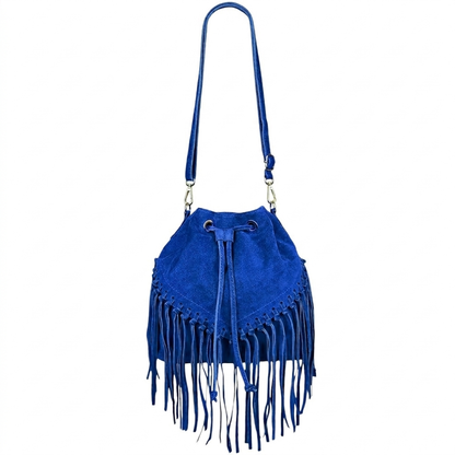 Sac bourse à franges Mahala en cuir suédé ~ Bleu royal