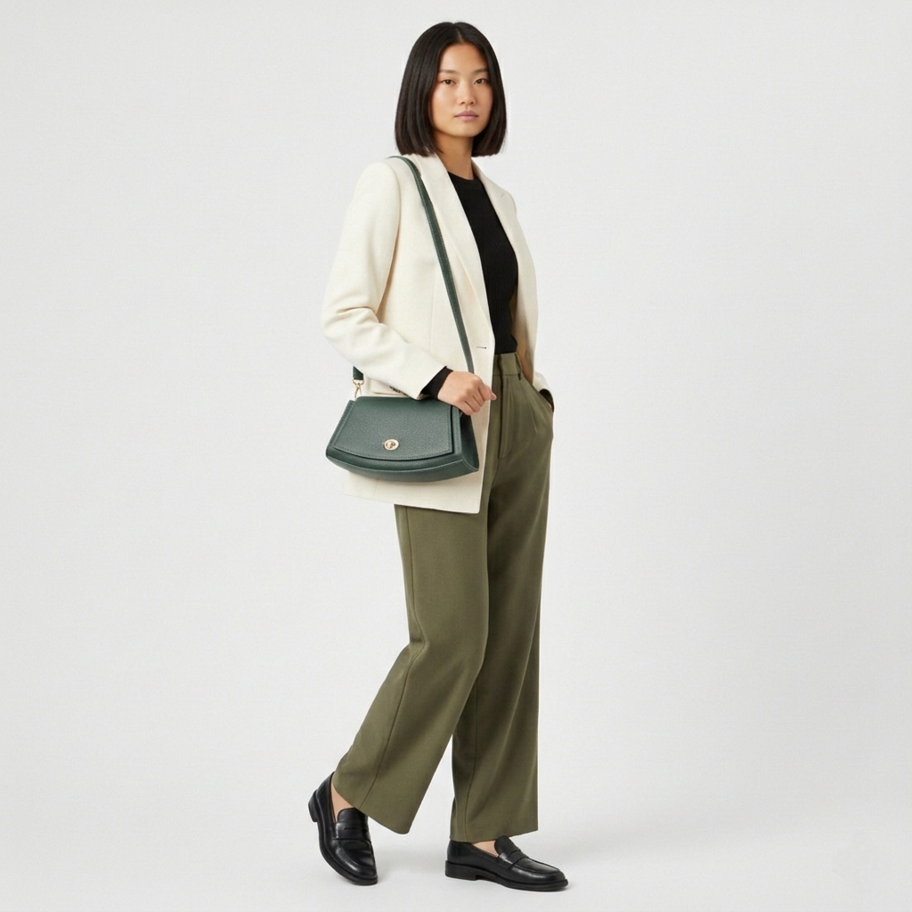 Sac à bandoulière demi-lune en cuir Paco ~ Vert sapin