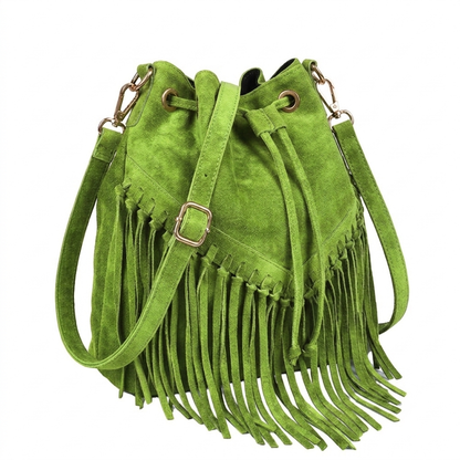Sac bourse à franges Mahala en cuir suédé ~ Vert kiwi