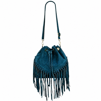 Sac bourse à franges Mahala en cuir suédé ~ Bleu canard