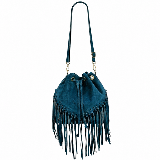 Sac bourse à franges Mahala en cuir suédé ~ Bleu canard