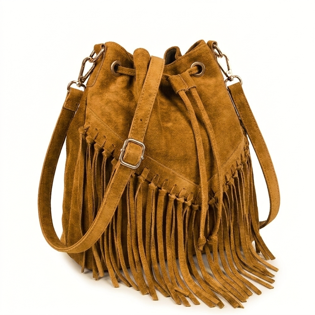 Sac bourse à franges Mahala en cuir suédé ~ Camel