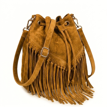 Sac bourse à franges Mahala en cuir suédé ~ Camel