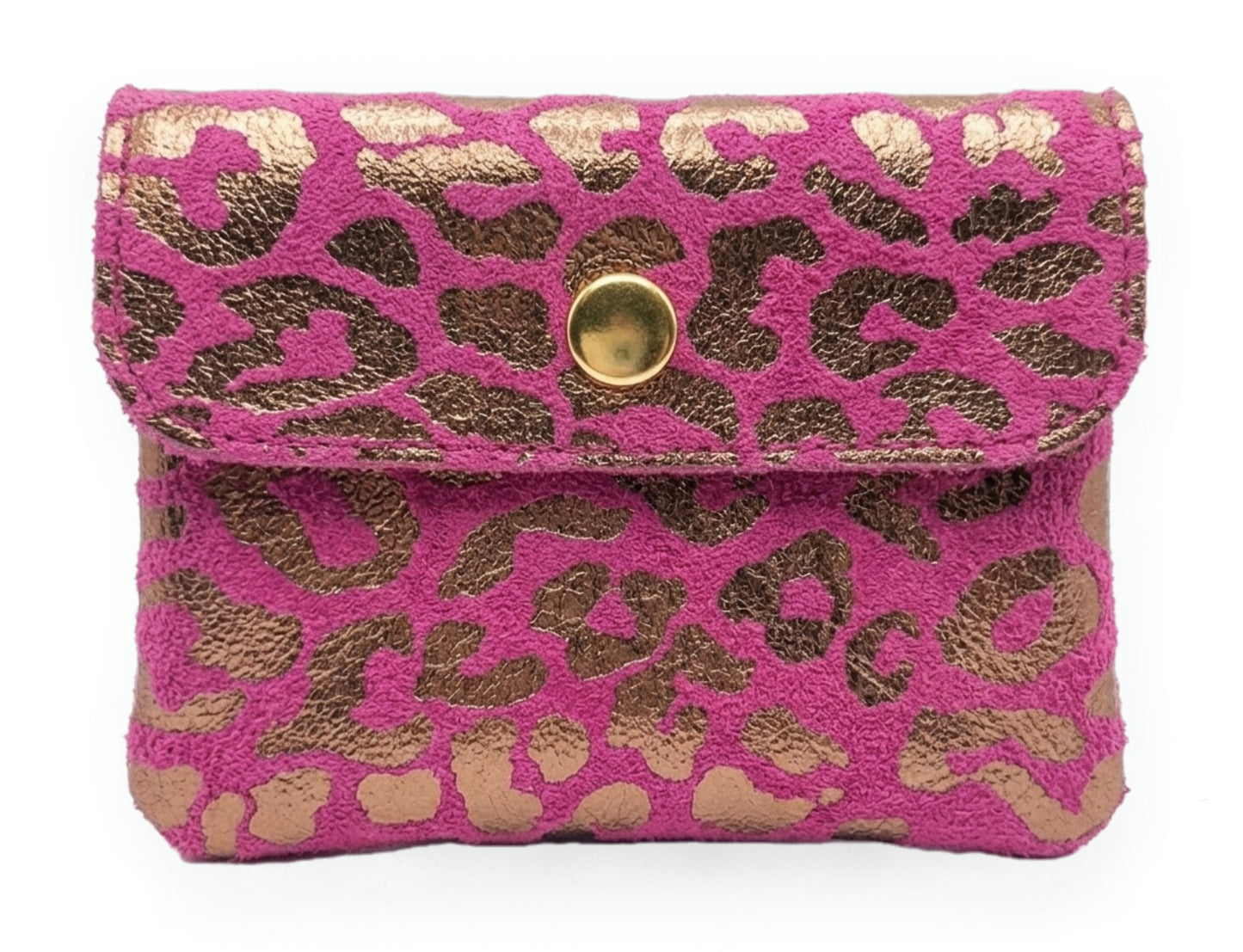 Porte-monnaie Aponi léopard en cuir suédé italien ~ Rose / Doré