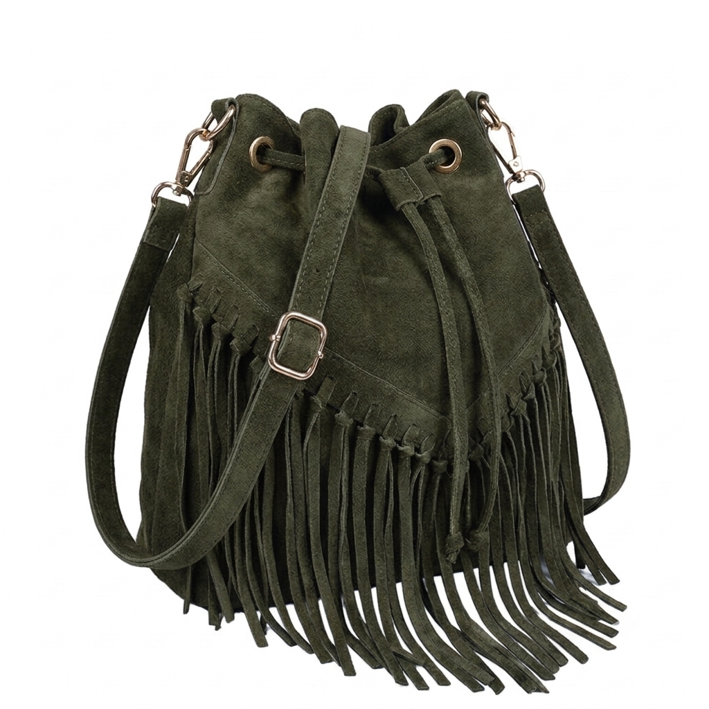 Sac bourse à franges Mahala en cuir suédé ~ Kaki
