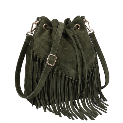 Sac bourse à franges Mahala en cuir suédé ~ Kaki