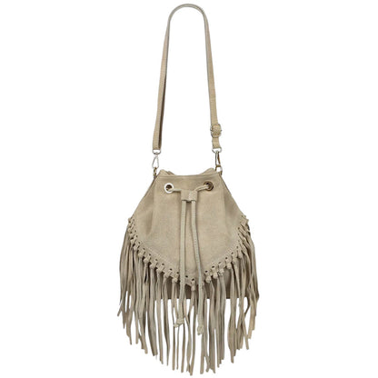 Sac bourse à franges Mahala en cuir suédé ~ Beige