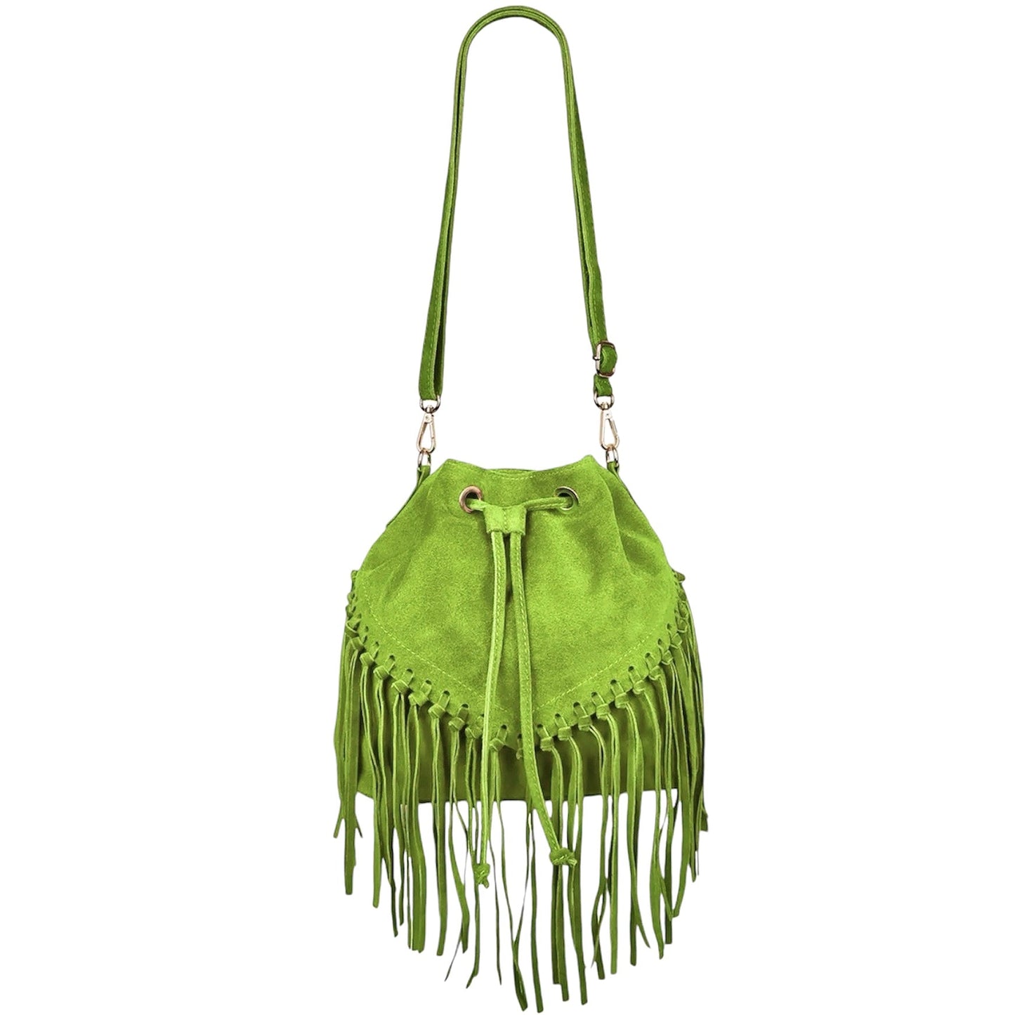 Sac bourse à franges Mahala en cuir suédé ~ Vert kiwi