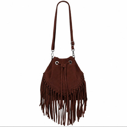 Sac bourse à franges Mahala en cuir suédé ~ Marron