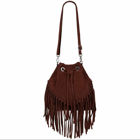 Sac bourse à franges Mahala en cuir suédé ~ Marron