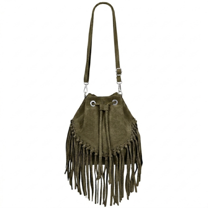 Sac bourse à franges Mahala en cuir suédé ~ Kaki