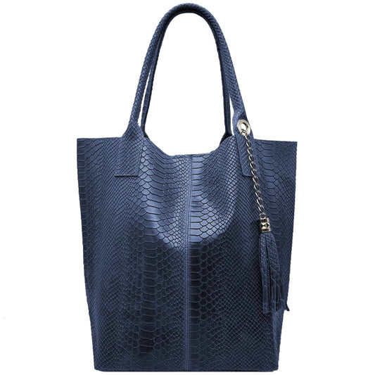 Sac shopper Aiyana en cuir embossé python ~ Bleu marine