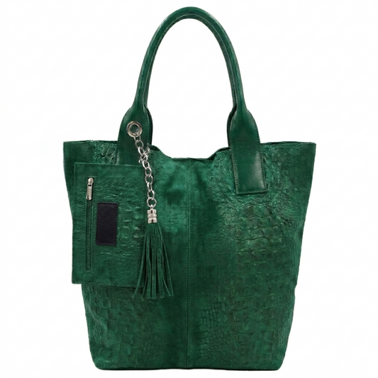 Sac shopper Aiyana en cuir suèdé embossé alligator ~ Vert sapin