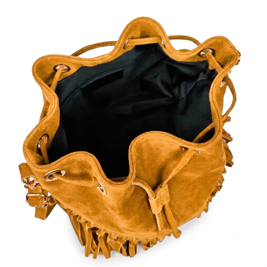 Sac bourse à franges Mahala en cuir suédé ~ Camel