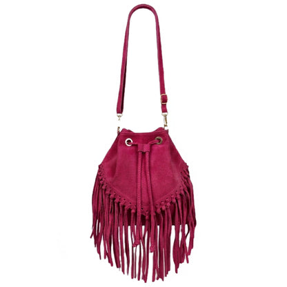 Sac bourse à franges Mahala en cuir suédé ~ Fuchsia
