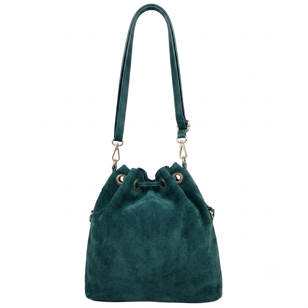 Sac bourse à franges Mahala en cuir suédé ~ Vert pétrole
