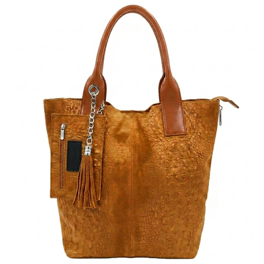 Sac shopper Aiyana en cuir suèdé embossé alligator ~ Camel