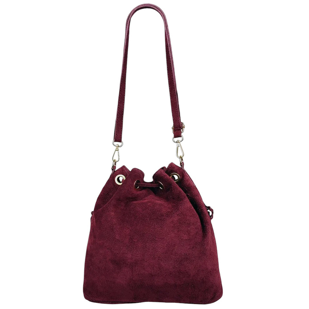 Sac bourse à franges Mahala en cuir suédé ~ Bordeaux