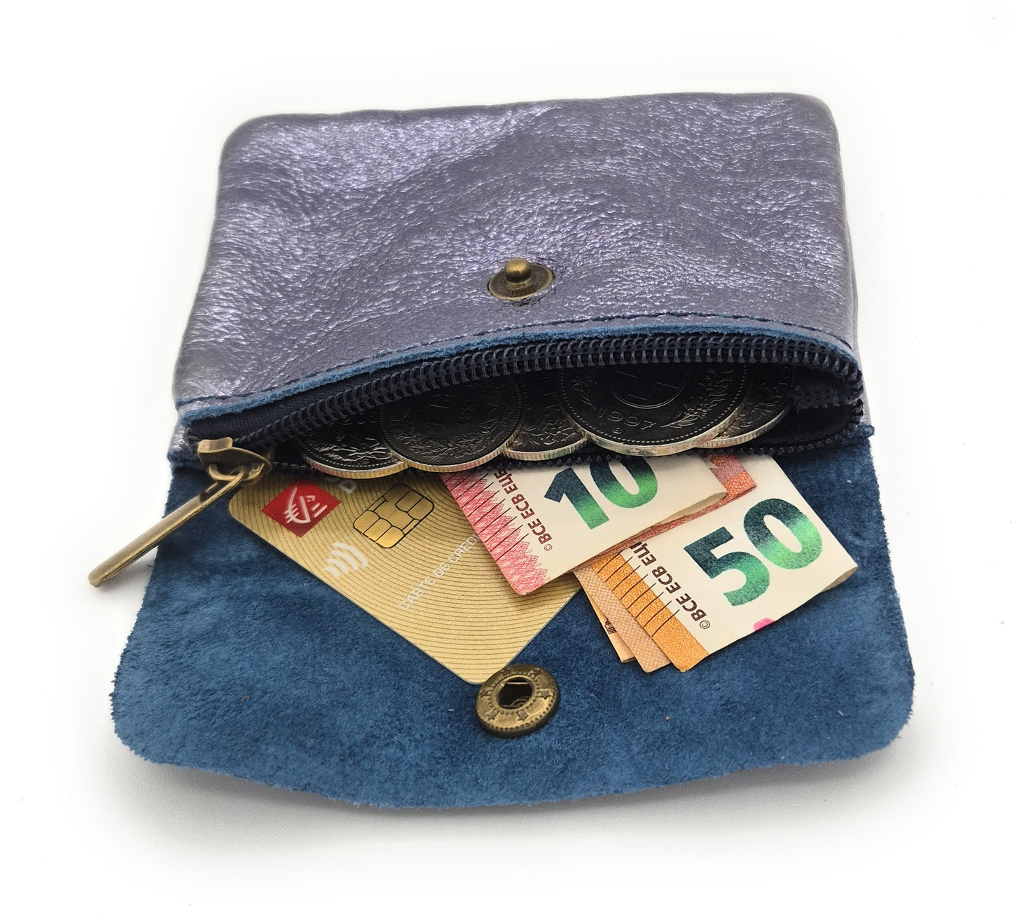 Porte-monnaie Aponi cuir irisé italien ~ Bleu jean