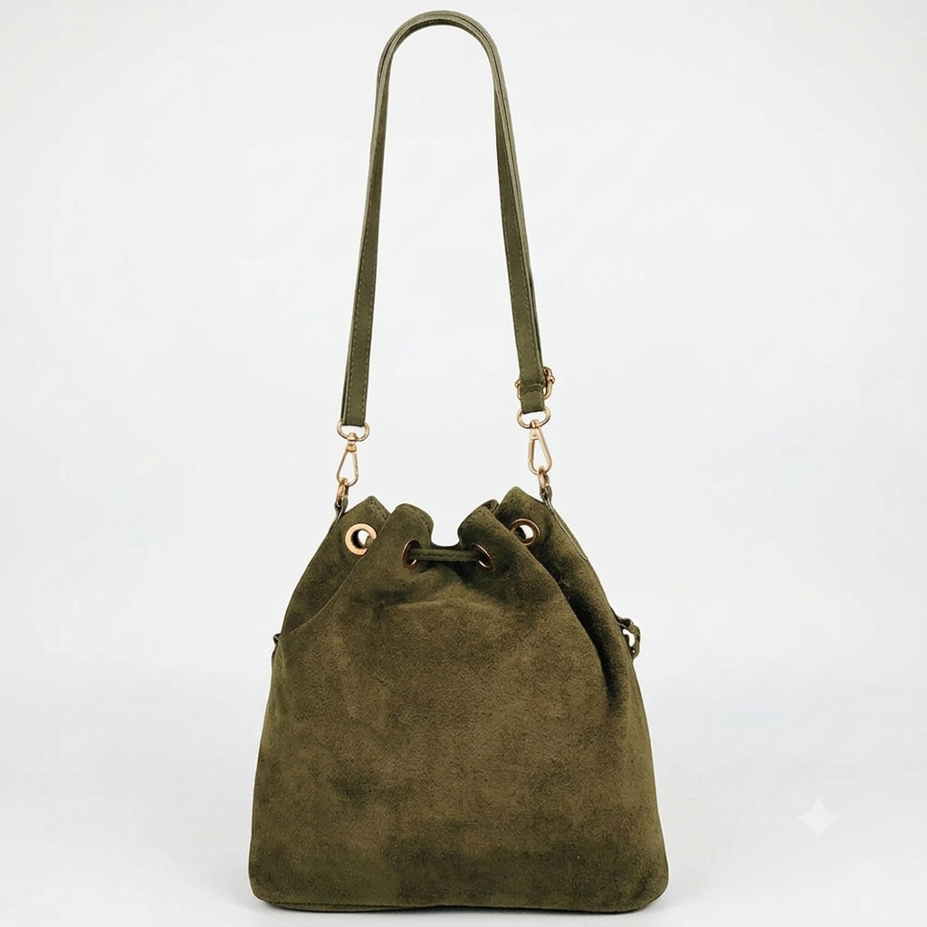 Sac bourse à franges Mahala en cuir suédé ~ Kaki