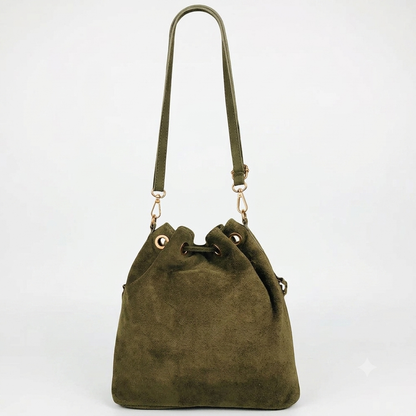 Sac bourse à franges Mahala en cuir suédé ~ Kaki