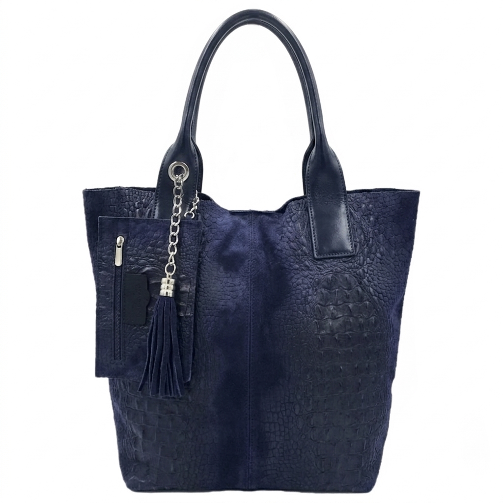 Gator Alligator Embossed Suede Leather Shopper Bag ~ Navy Blue