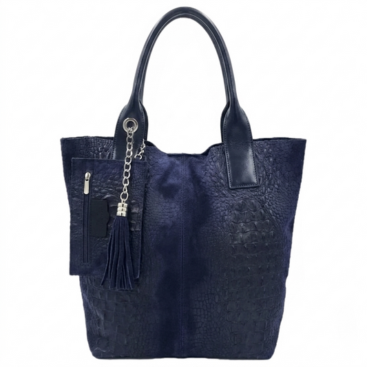Sac shopper Aiyana en cuir suèdé embossé alligator  ~ Bleu marine