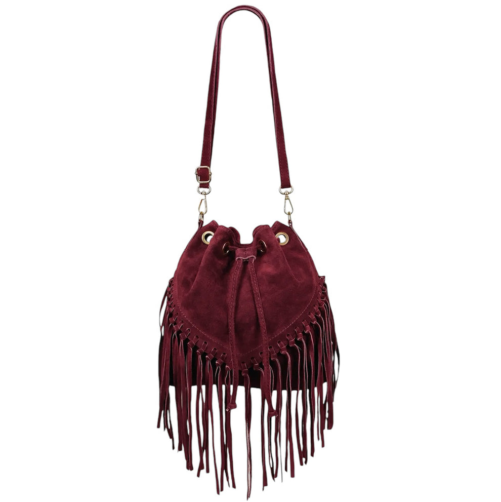Sac bourse à franges Mahala en cuir suédé ~ Bordeaux