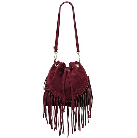 Sac bourse à franges Mahala en cuir suédé ~ Bordeaux