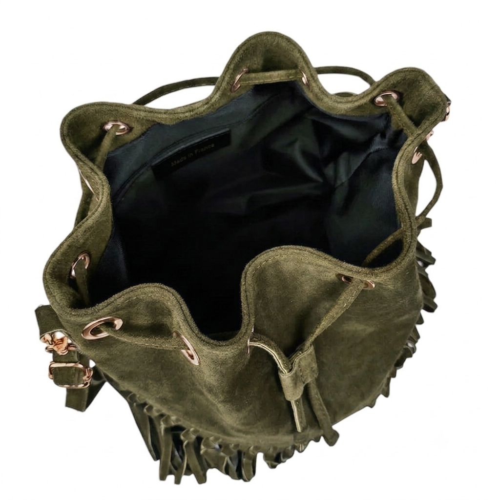 Sac bourse à franges Mahala en cuir suédé ~ Kaki