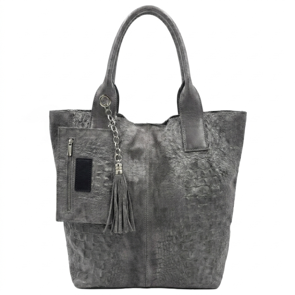 Gator Shopper Bag in Alligator Embossed Suede Leather ~ Grey