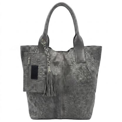 Gator Shopper Bag in Alligator Embossed Suede Leather ~ Grey