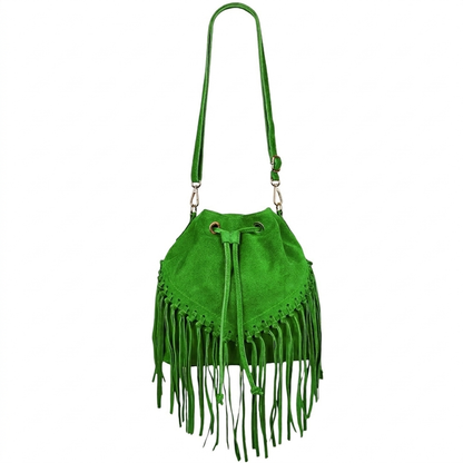 Sac bourse à franges Mahala en cuir suédé ~ Vert émeraude