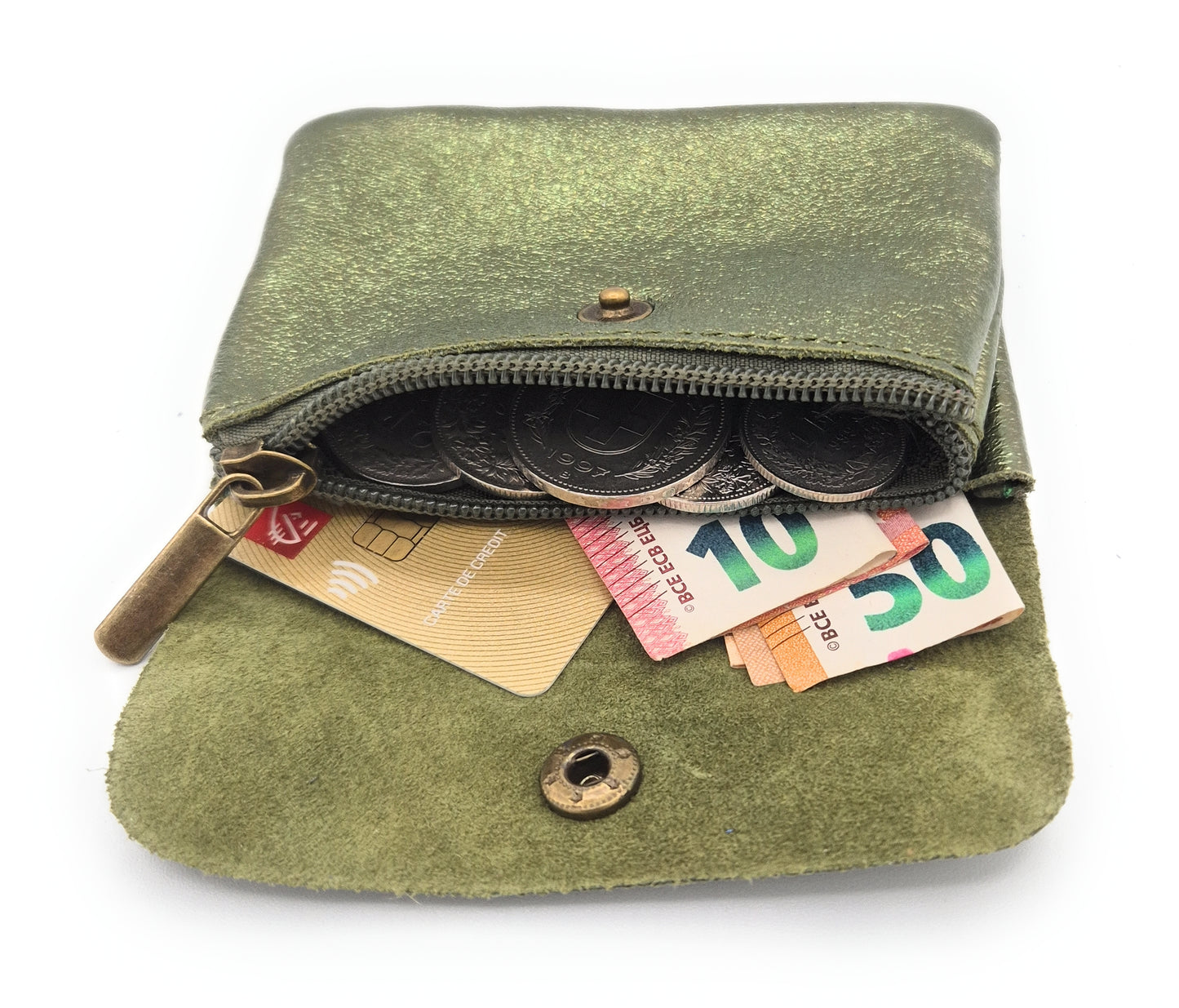 Porte-monnaie Aponi cuir irisé italien ~ Kaki