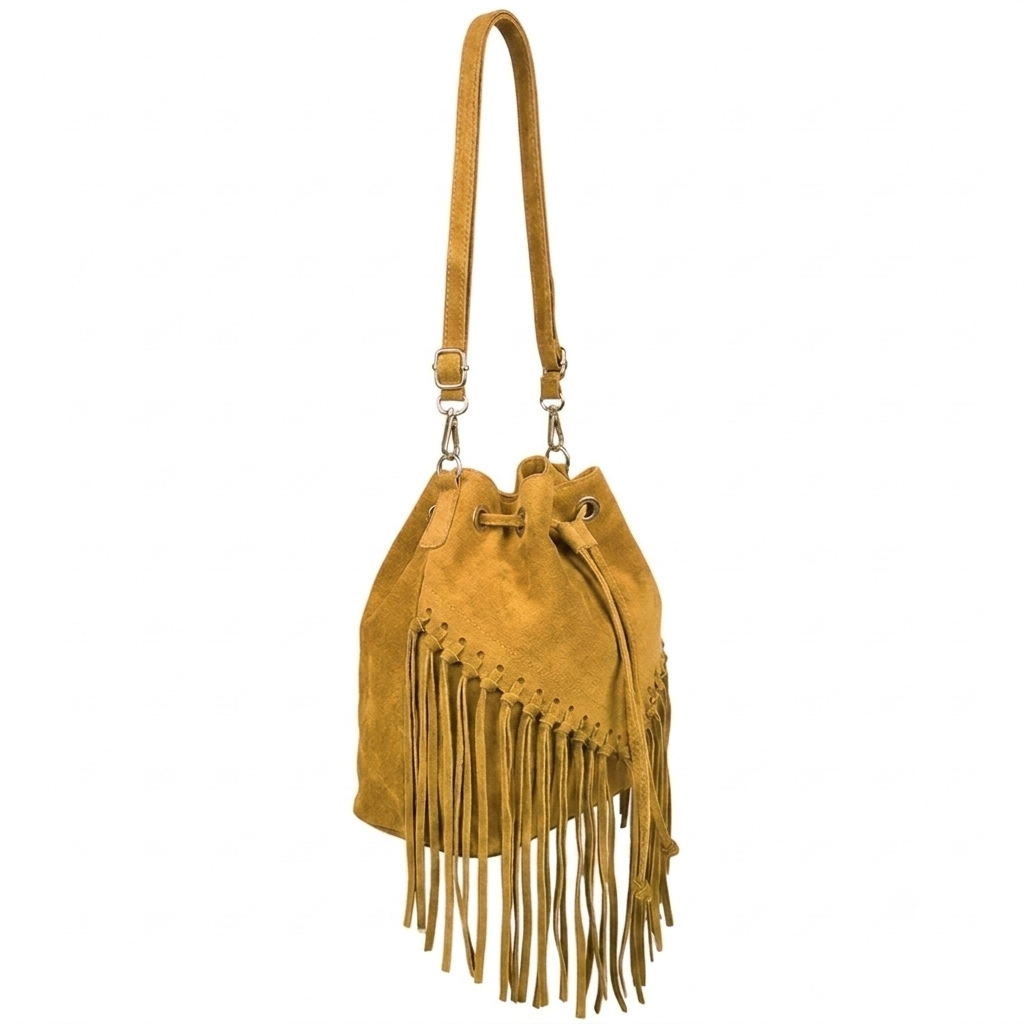 Sac bourse à franges Mahala en cuir suédé ~ Camel