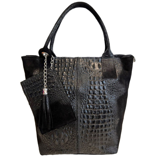Sac shopper Aiyana en cuir suèdé embossé alligator ~ Noir