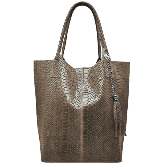 Sac shopper Aiyana en cuir embossé python ~ Taupe