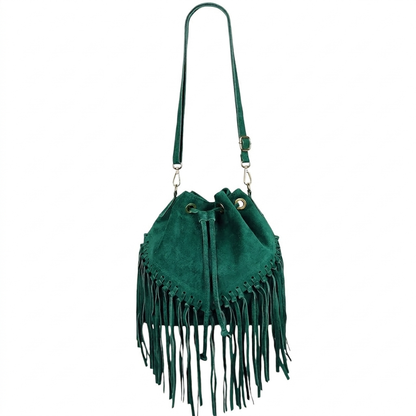 Sac bourse à franges Mahala en cuir suédé ~ Vert pétrole