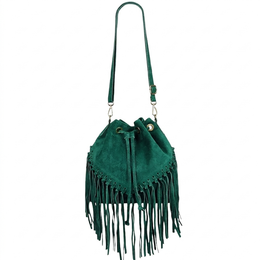 Sac bourse à franges Mahala en cuir suédé ~ Vert pétrole
