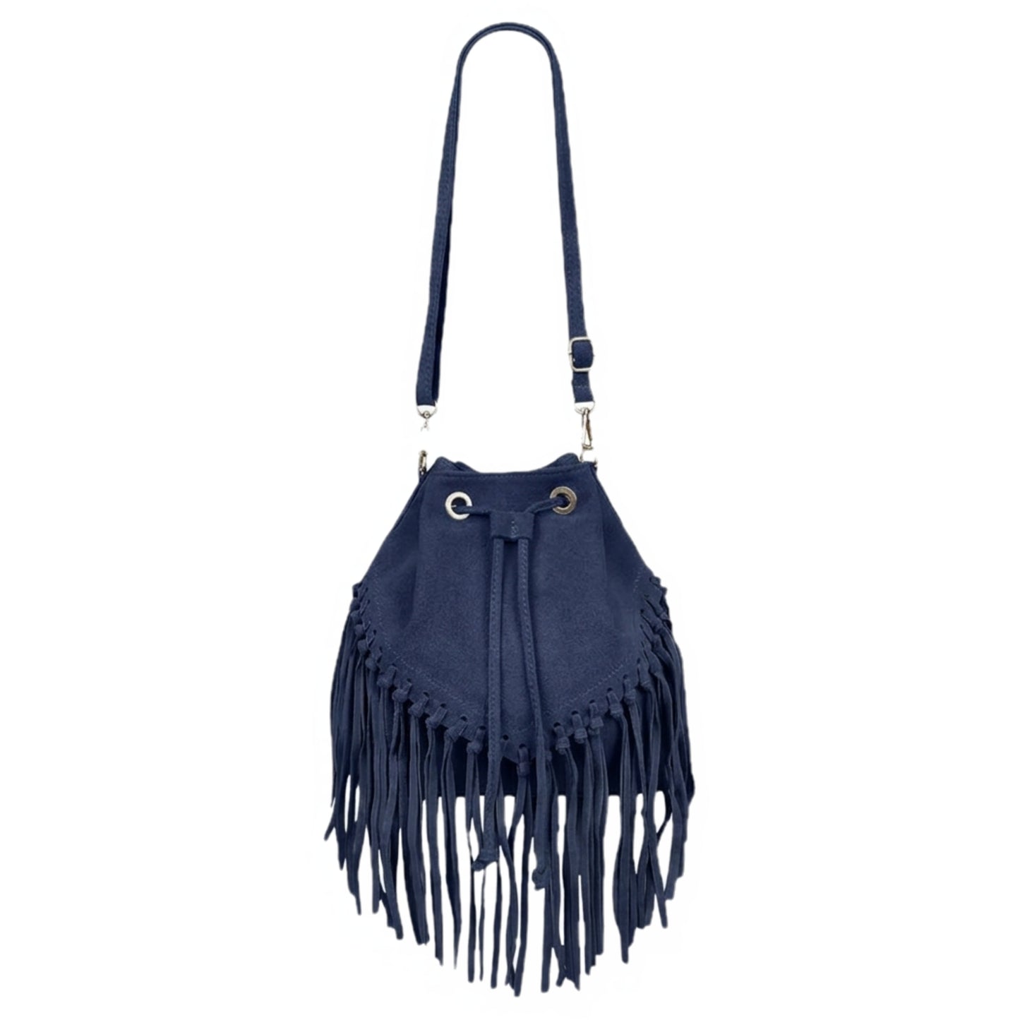 Sac bourse à franges Mahala en cuir suédé ~ Bleu marine