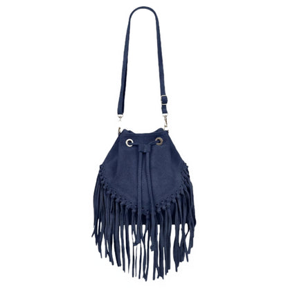 Sac bourse à franges Mahala en cuir suédé ~ Bleu marine