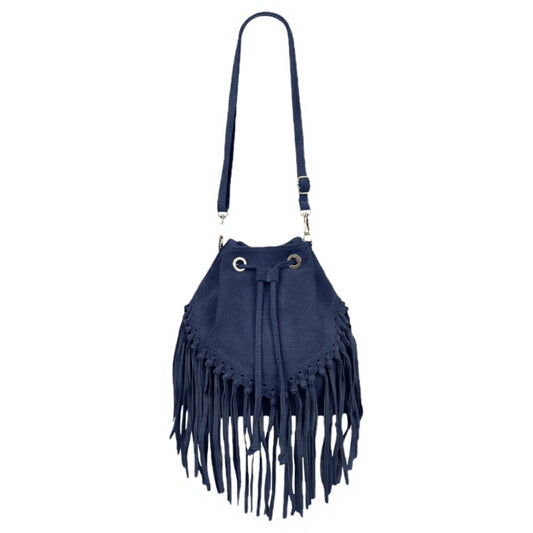 Sac bourse à franges Mahala en cuir suédé ~ Bleu marine